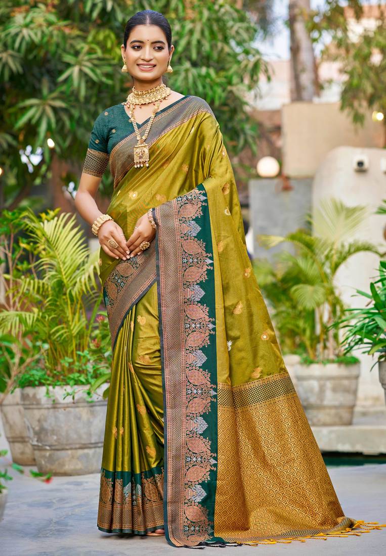 olive green soft silk woven work traditional saree