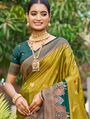 olive green soft silk woven work traditional saree 2
