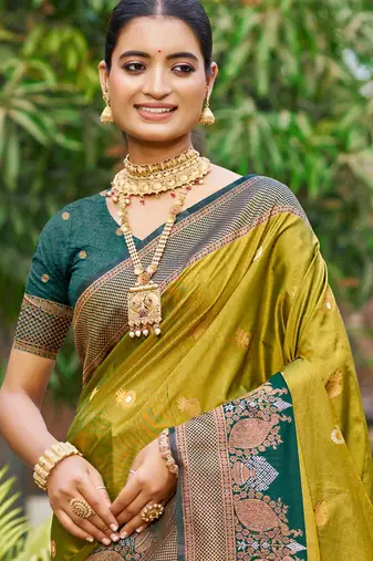 olive green soft silk woven work traditional saree