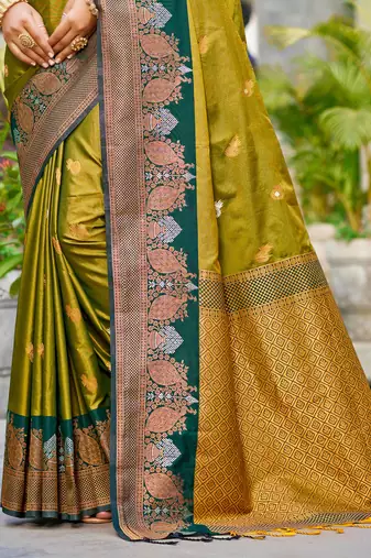 olive green soft silk woven work traditional saree
