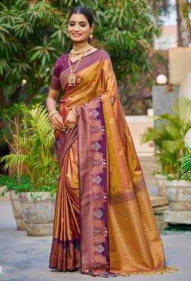 copper gold soft silk woven work traditional saree 1