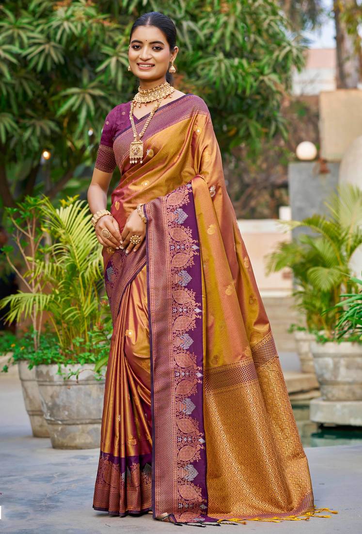 copper gold soft silk woven work traditional saree