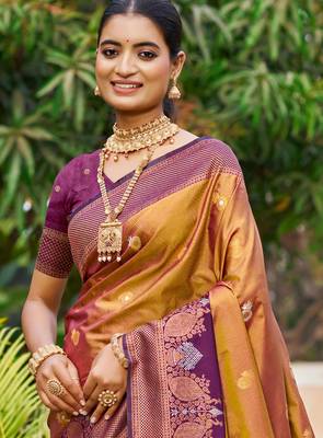 copper gold soft silk woven work traditional saree 2