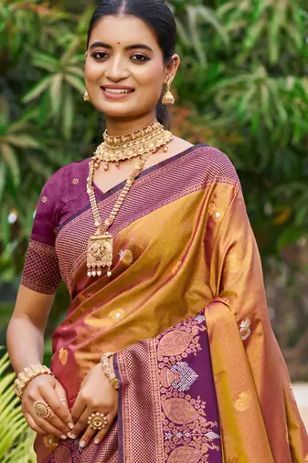 copper gold soft silk woven work traditional saree