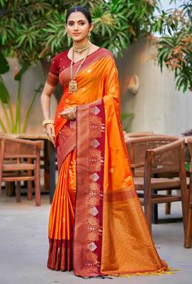 saffron orange soft silk woven work traditional saree 1