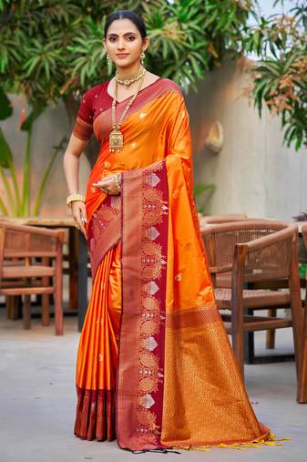 saffron orange soft silk woven work traditional saree
