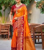 saffron orange soft silk woven work traditional saree