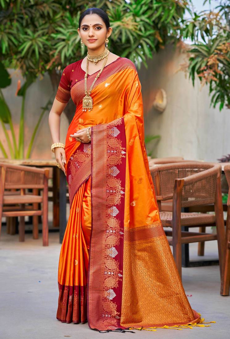 saffron orange soft silk woven work traditional saree