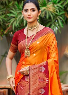 saffron orange soft silk woven work traditional saree 2