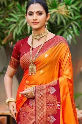 saffron orange soft silk woven work traditional saree