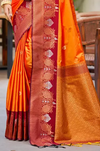 saffron orange soft silk woven work traditional saree