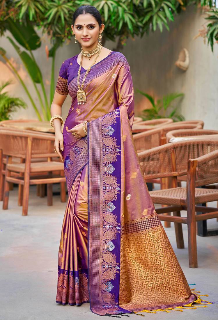 rose gold soft silk woven work traditional saree