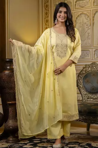 Light yellow women cotton embroidered kurti pant with net butterfly embroidered dupatta set | ethnic wear suit set