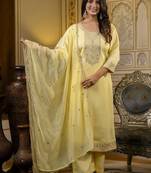 Light yellow women cotton embroidered kurti pant with net butterfly embroidered dupatta set | ethnic wear suit set
