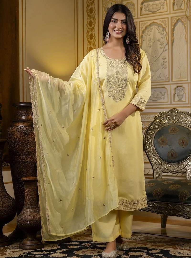 Light yellow women cotton embroidered kurti pant with net butterfly embroidered dupatta set | ethnic wear suit set
