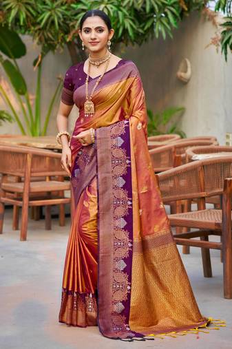 copper gold soft silk woven work traditional saree