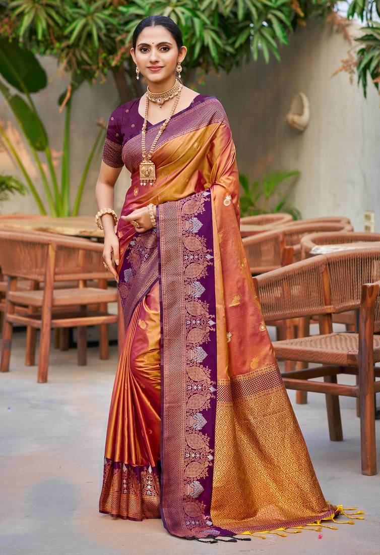 copper gold soft silk woven work traditional saree