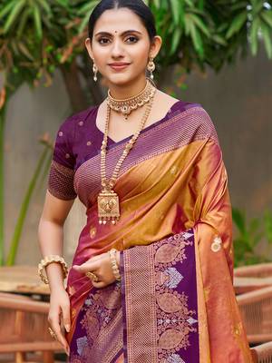 copper gold soft silk woven work traditional saree 2