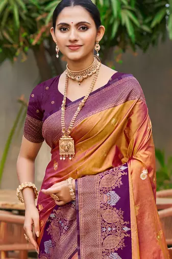copper gold soft silk woven work traditional saree