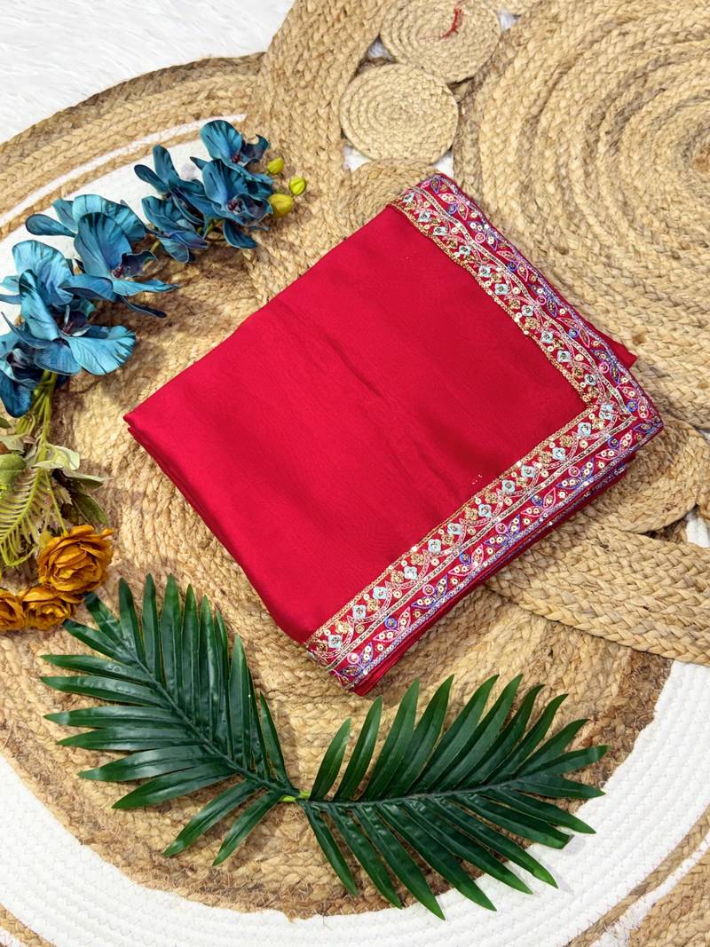 Red color Embroidery Work Rangoli Silk saree