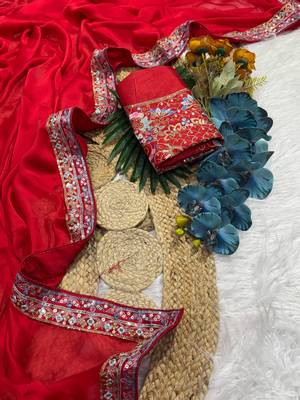 Red color Embroidery Work Rangoli Silk saree 4