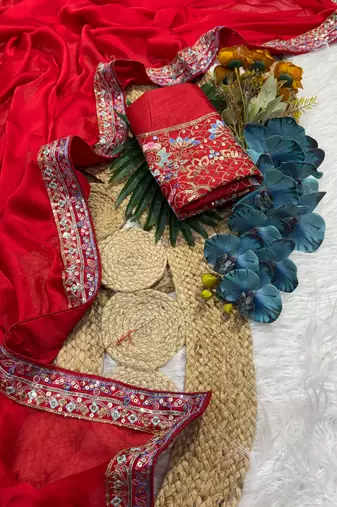 Red color Embroidery Work Rangoli Silk saree