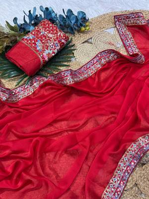 Red color Embroidery Work Rangoli Silk saree 5