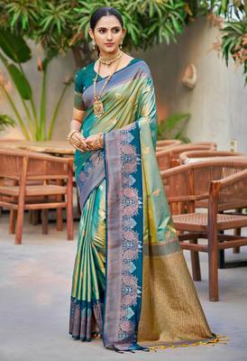 sea green soft silk woven work traditional saree 1