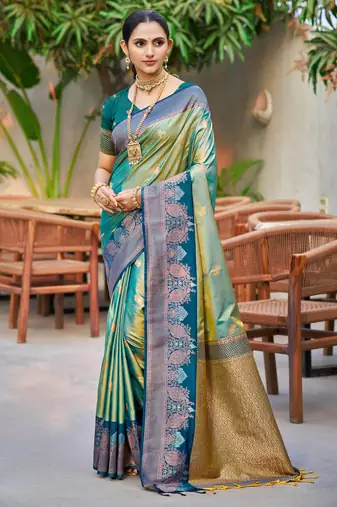 sea green soft silk woven work traditional saree