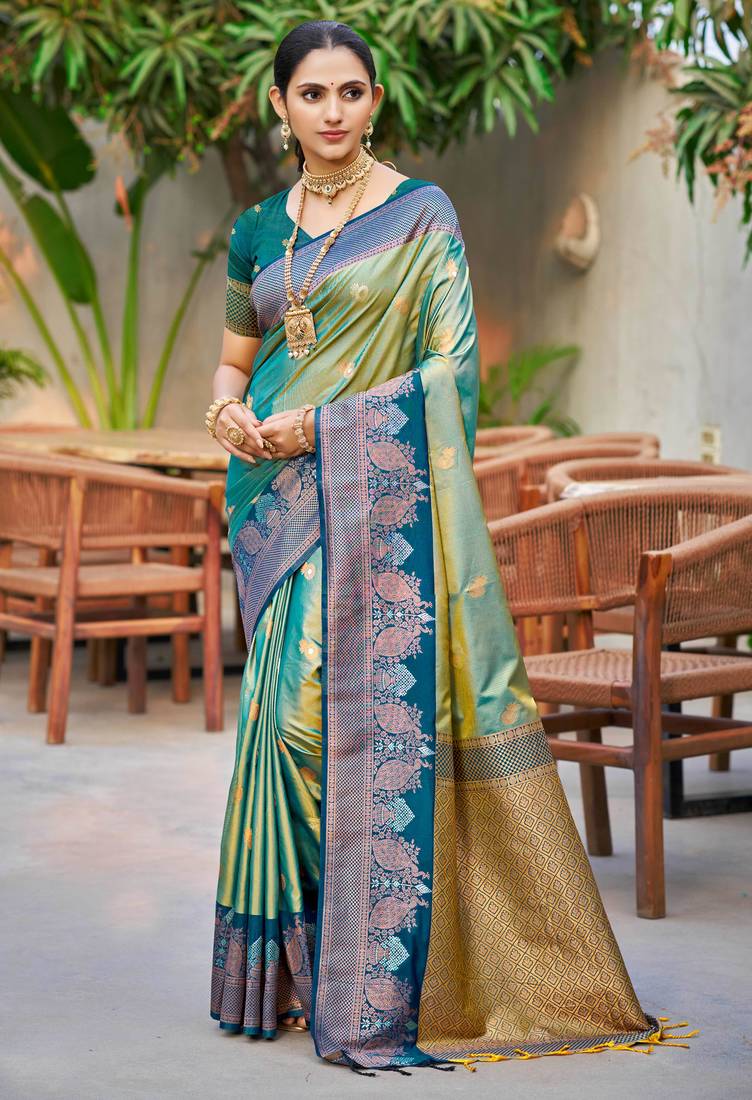 sea green soft silk woven work traditional saree