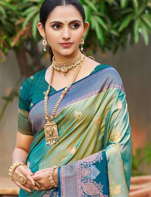 sea green soft silk woven work traditional saree 2