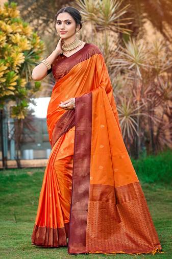 saffron orange soft silk woven work traditional saree