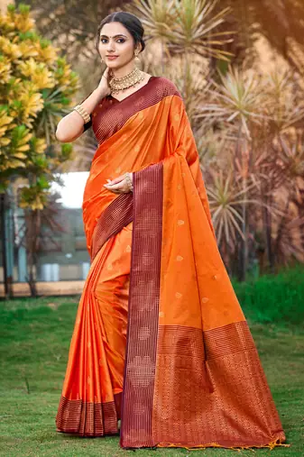 saffron orange soft silk woven work traditional saree