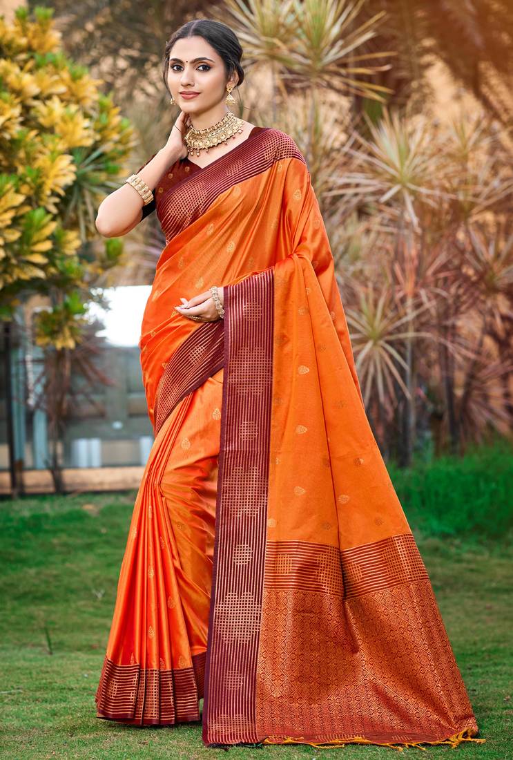 saffron orange soft silk woven work traditional saree