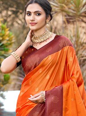 saffron orange soft silk woven work traditional saree 2