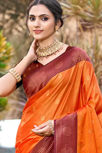 saffron orange soft silk woven work traditional saree