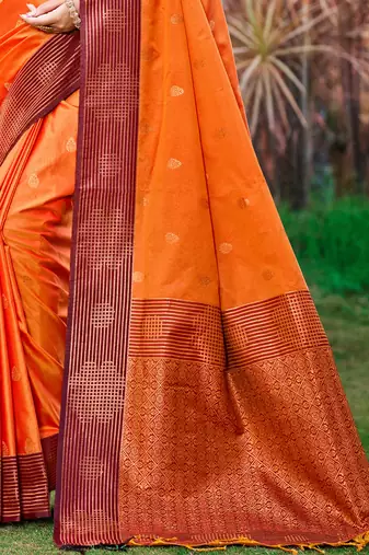 saffron orange soft silk woven work traditional saree