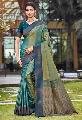 peacock green soft silk woven work traditional saree 1