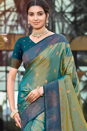 peacock green soft silk woven work traditional saree