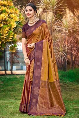 golden brown soft silk woven work traditional saree 1
