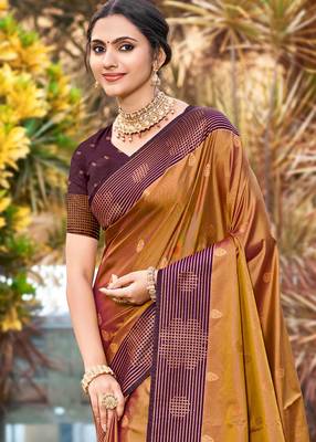 golden brown soft silk woven work traditional saree 2