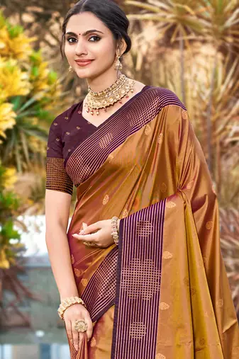 golden brown soft silk woven work traditional saree