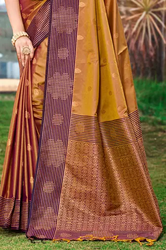 golden brown soft silk woven work traditional saree