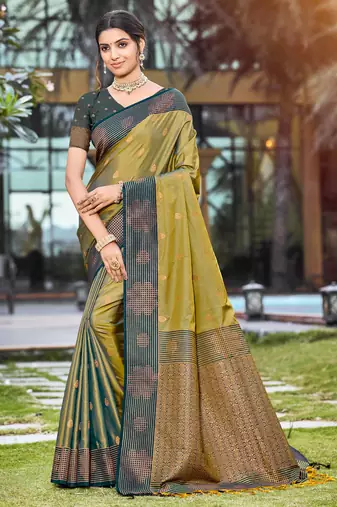 olive green soft silk woven work traditional saree