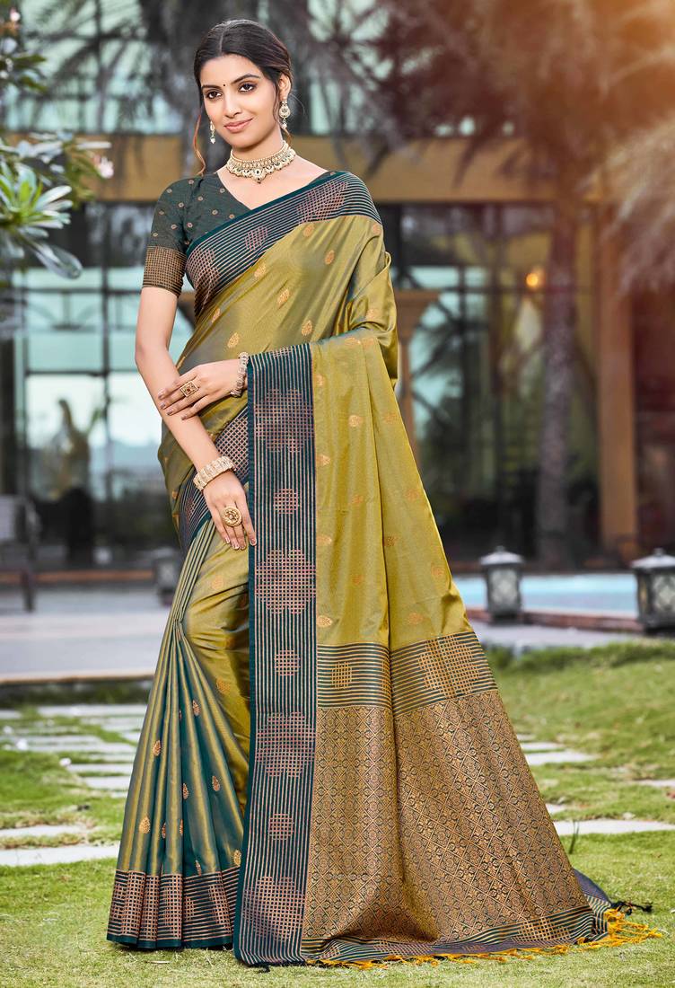 olive green soft silk woven work traditional saree
