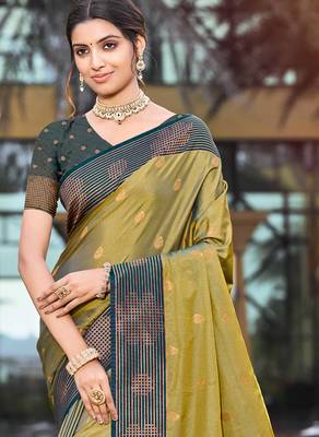 olive green soft silk woven work traditional saree 2