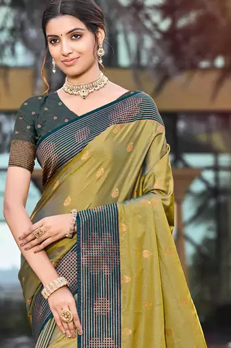 olive green soft silk woven work traditional saree