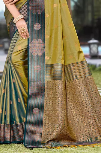 olive green soft silk woven work traditional saree