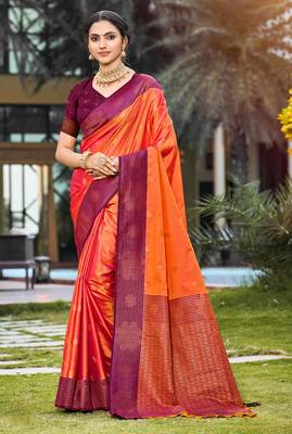 bright orange soft silk woven work traditional saree 1