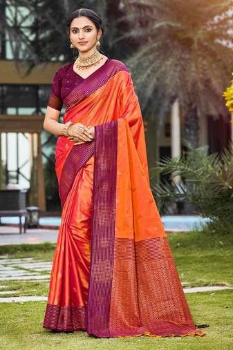 bright orange soft silk woven work traditional saree